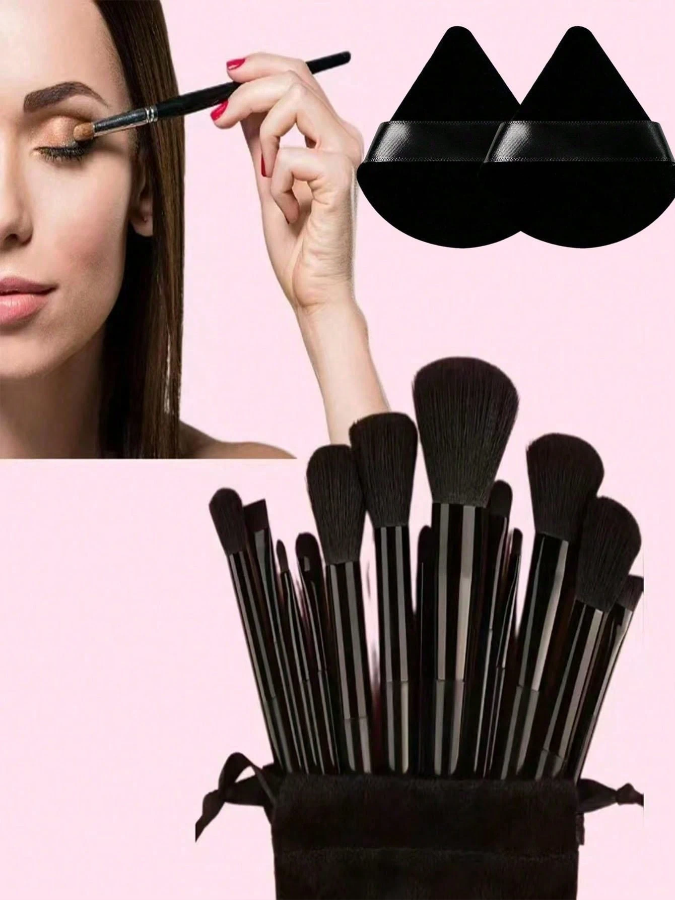 Ensemble de 15 pinceaux de maquillage, comprend 2 tampons de poudre triangulaires noirs, — vue 2