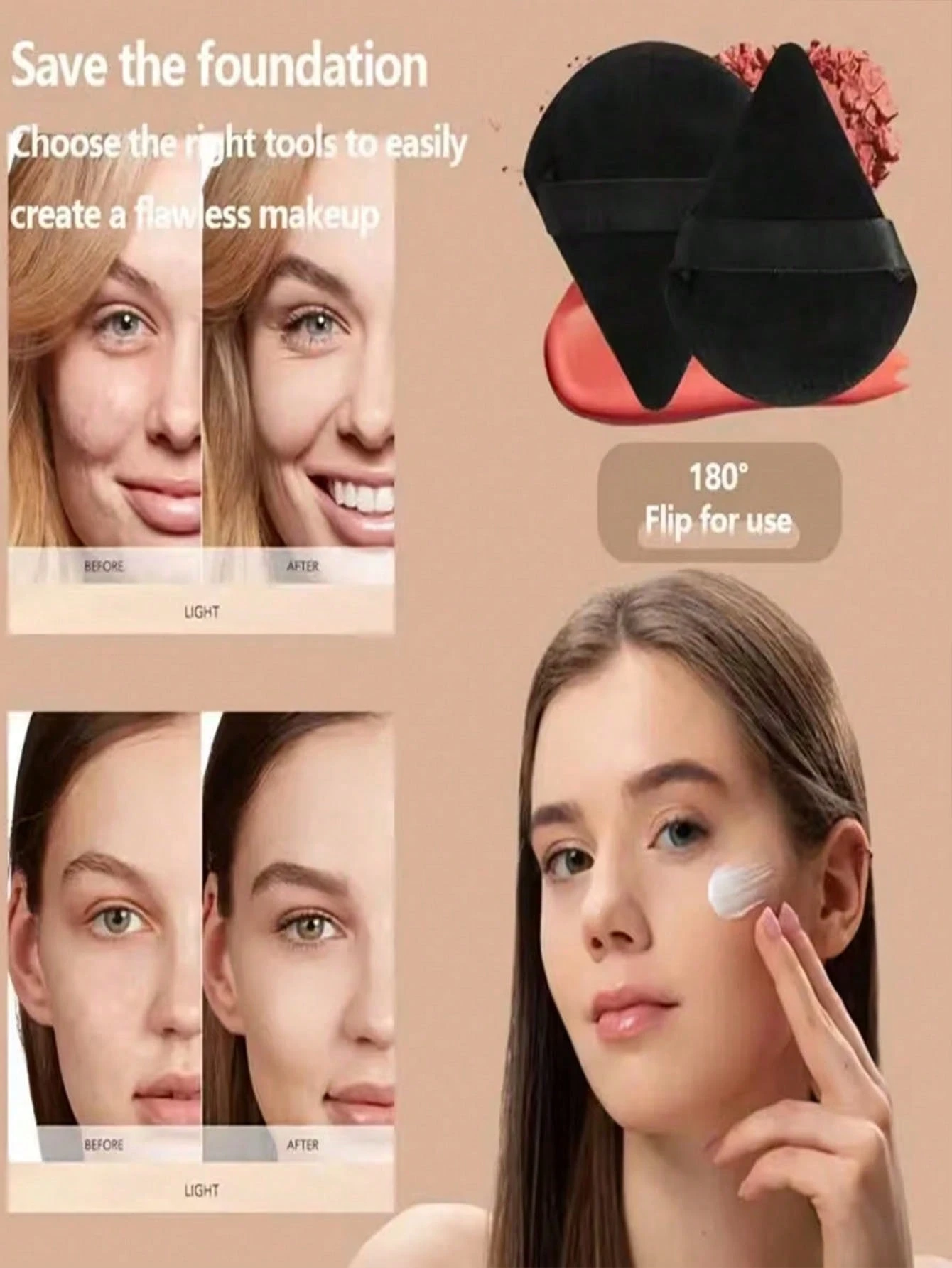 Ensemble de 15 pinceaux de maquillage, comprend 2 tampons de poudre triangulaires noirs, — vue 4