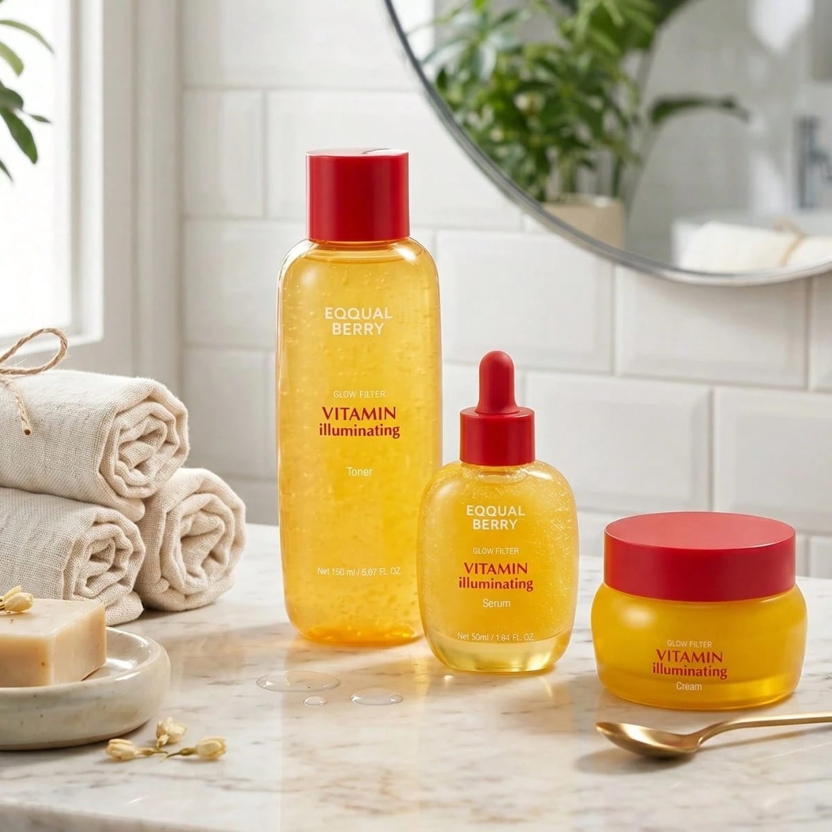 Eqqualberry Coffret Soin Visage à la Vitamine C 3 Pièces – Tonique + Sérum + Crème